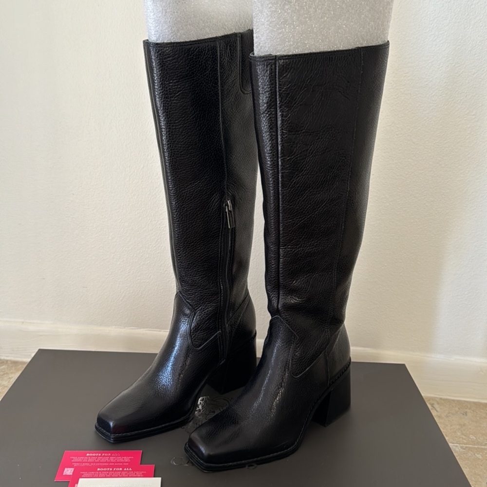 Vince Camuto Black Leather Knee-High Block Heel Boots